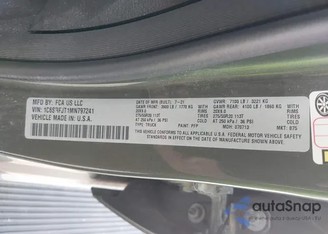 2021 Ram 1500 Laramie 4X4 5'7 Box from USA, damaged, VIN 1C6SRFJT1MN797241